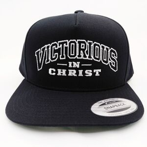 Victorious In Christ Christian Religious Flat Bill Cap Hat Black Embroidered